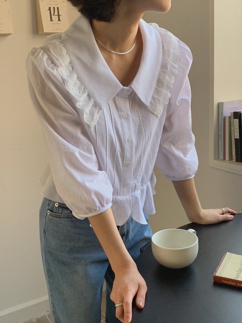 SLAT韓國直郵㊣女裝新品時尚人氣推薦25春夏休閑襯衫蕾絲衫SLAT襯衫/蕾絲衫