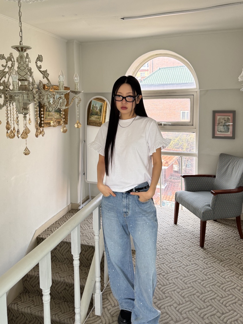 SUNDER MARKET韓國直郵㊣女裝新品人氣25春夏熱賣T恤荷葉邊SUNDER MARKETT恤圖色1