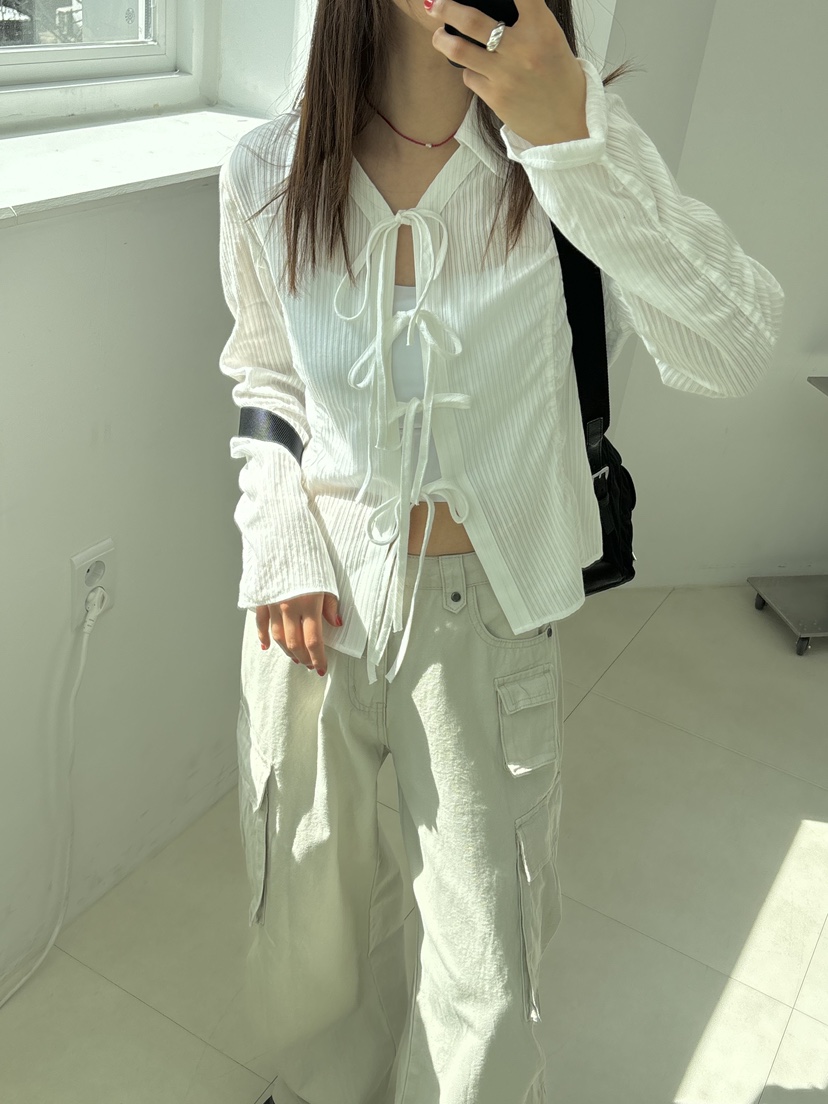 HOME GROUND韓國㊣直郵東大門代購女裝新款25春夏襯衫蕾絲衫蝴蝶結HOME GROUND襯衫/蕾絲衫圖色1