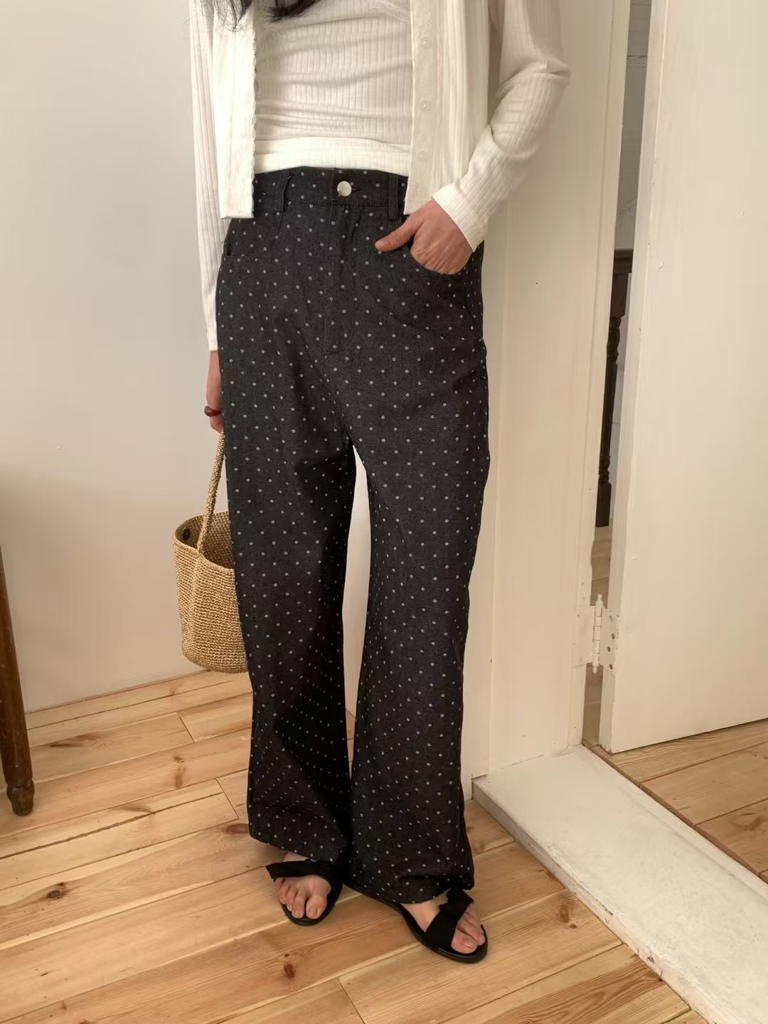 DAOWL韓國直郵㊣女裝新款職業25春夏休閑時尚休閑褲圓點牛仔布NUFF休閑褲