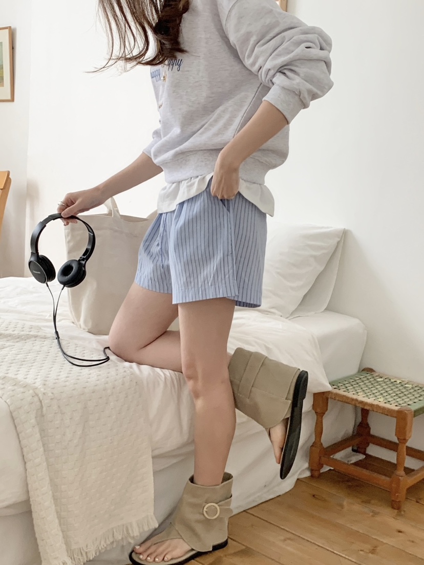 WOOD東大門代購女裝新款25春夏時尚人氣真品熱賣休閑短褲條紋WOOD短褲
