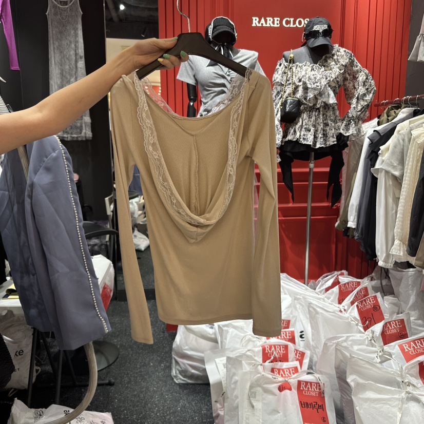 RARE CLOSET東大門代購女裝新款熱賣真品人氣長袖T恤兜帽蕾絲RARE CLOSET長袖T恤