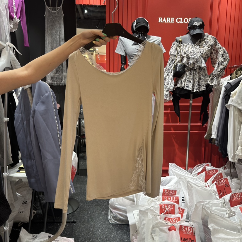 RARE CLOSET東大門代購女裝新款熱賣真品人氣長袖T恤兜帽蕾絲RARE CLOSET長袖T恤