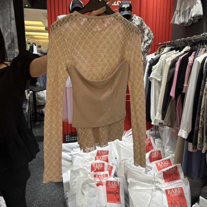 RARE CLOSET東大門代購女裝新品人氣熱賣25春夏長袖T恤蕾絲RARE CLOSET長袖T恤