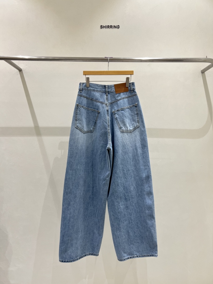 SHIRRING東大門實拍女裝新款真品25春夏休閑職業牛仔褲蕾絲SHIRRING牛仔褲