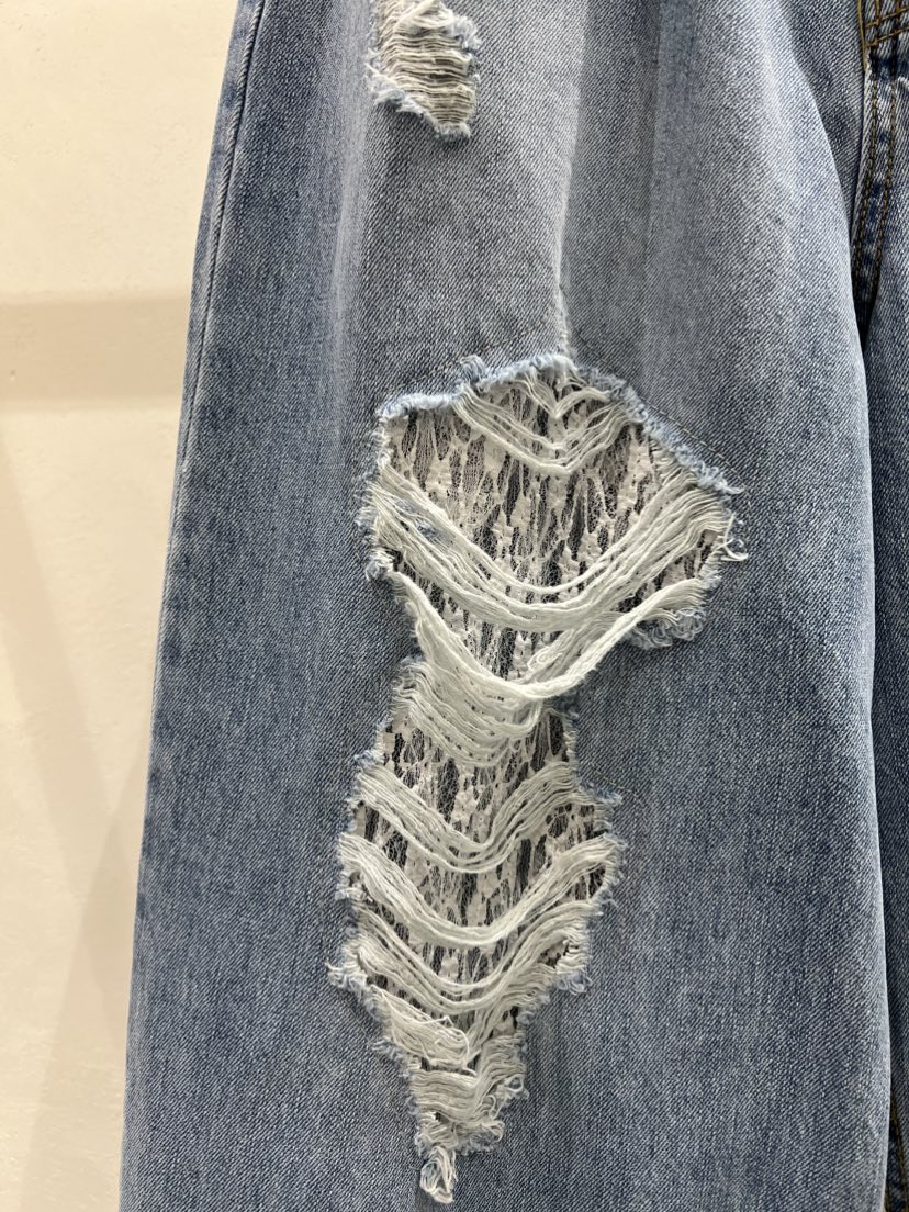 SHIRRING東大門實拍女裝新款真品25春夏休閑職業牛仔褲蕾絲SHIRRING牛仔褲
