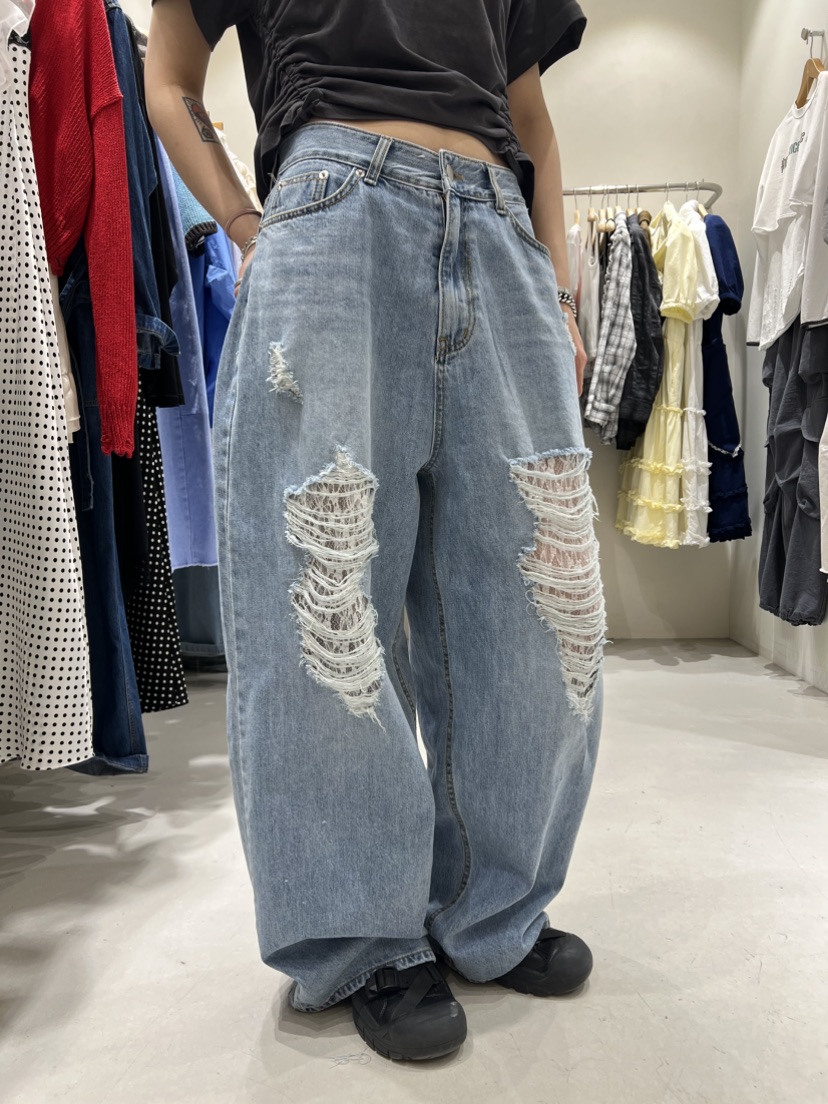 SHIRRING東大門實拍女裝新款真品25春夏休閑職業牛仔褲蕾絲SHIRRING牛仔褲