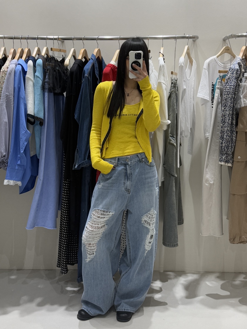 SHIRRING東大門實拍女裝新款真品25春夏休閑職業牛仔褲蕾絲SHIRRING牛仔褲