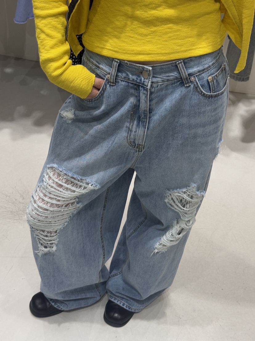 SHIRRING東大門實拍女裝新款真品25春夏休閑職業牛仔褲蕾絲SHIRRING牛仔褲