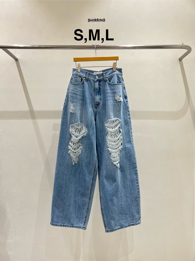 SHIRRING東大門實拍女裝新款真品25春夏休閑職業牛仔褲蕾絲SHIRRING牛仔褲