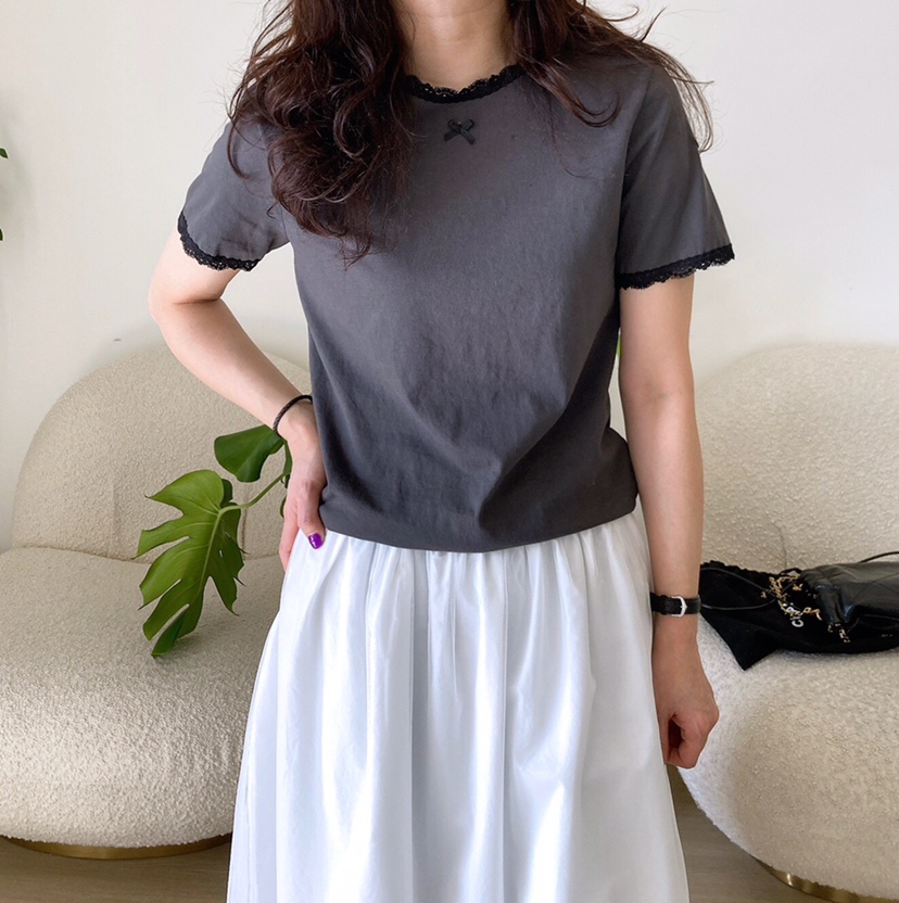 HANNA-A韓國直郵㊣女裝新品熱賣人氣職業推薦時尚25春夏T恤蕾絲HANNAT恤圖色2