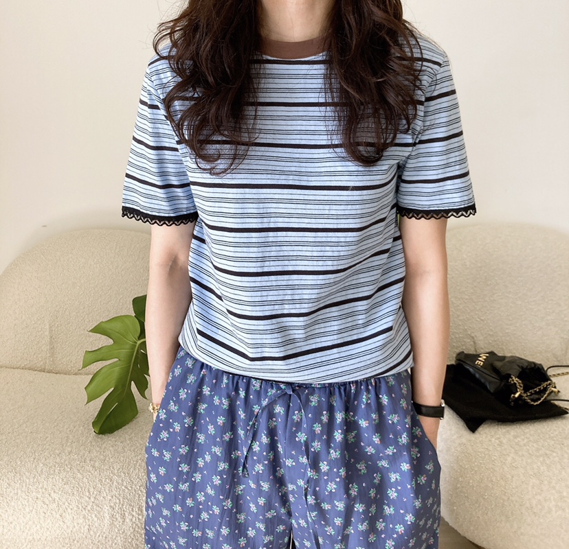 HANNA-A直郵韓國代購㊣女裝新款時尚休閑職業25春夏T恤蕾絲HANNAT恤