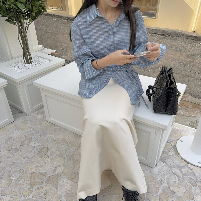 THE ABLE直郵韓國代購㊣女裝新款25春夏襯衫蕾絲衫含腰繩格紋THE ABLE/TA襯衫/蕾絲衫