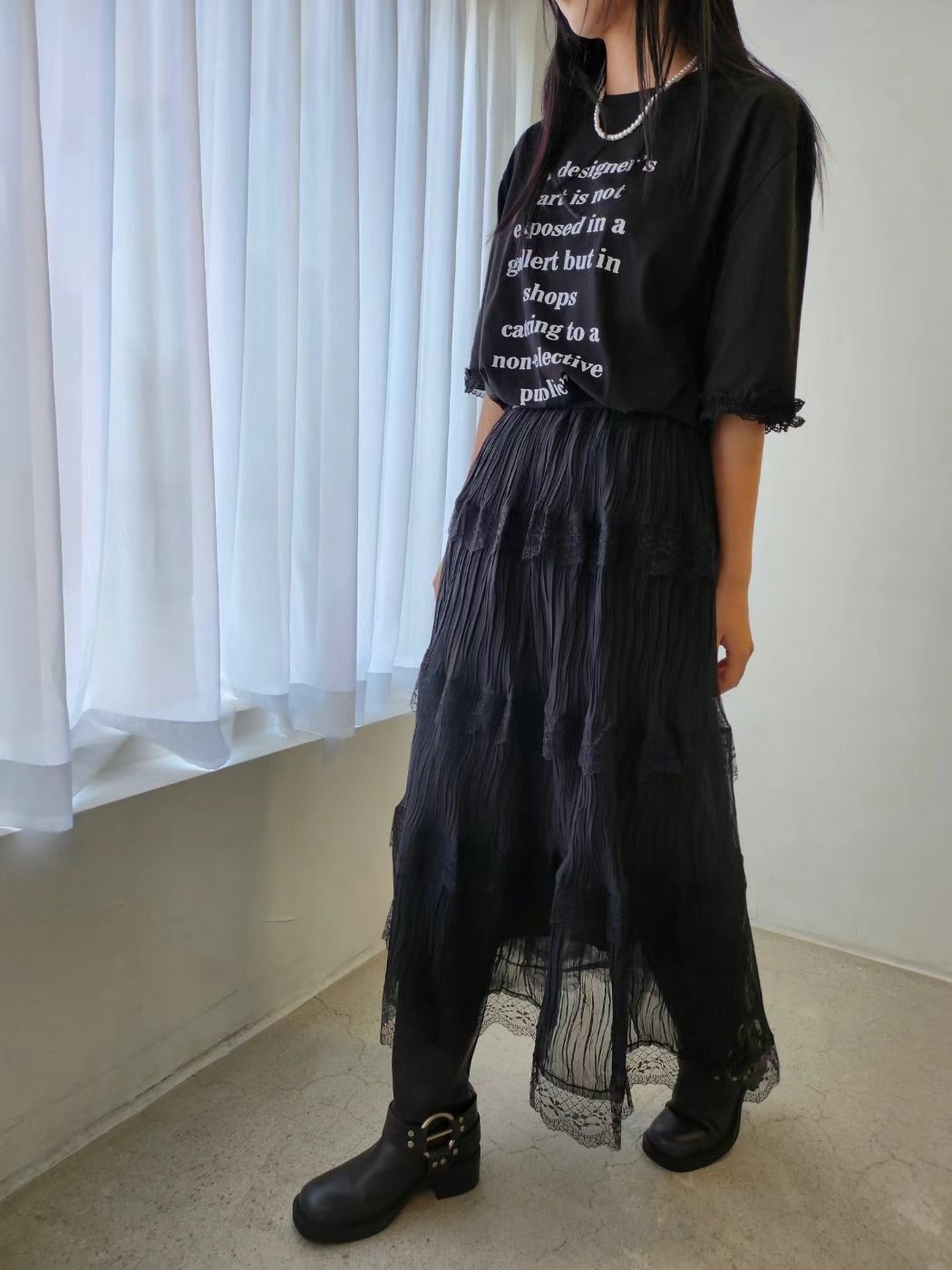 LAYERING韓國㊣直郵東大門代購女裝新品時尚25春夏長裙蕾絲褶皺LAYERING長裙