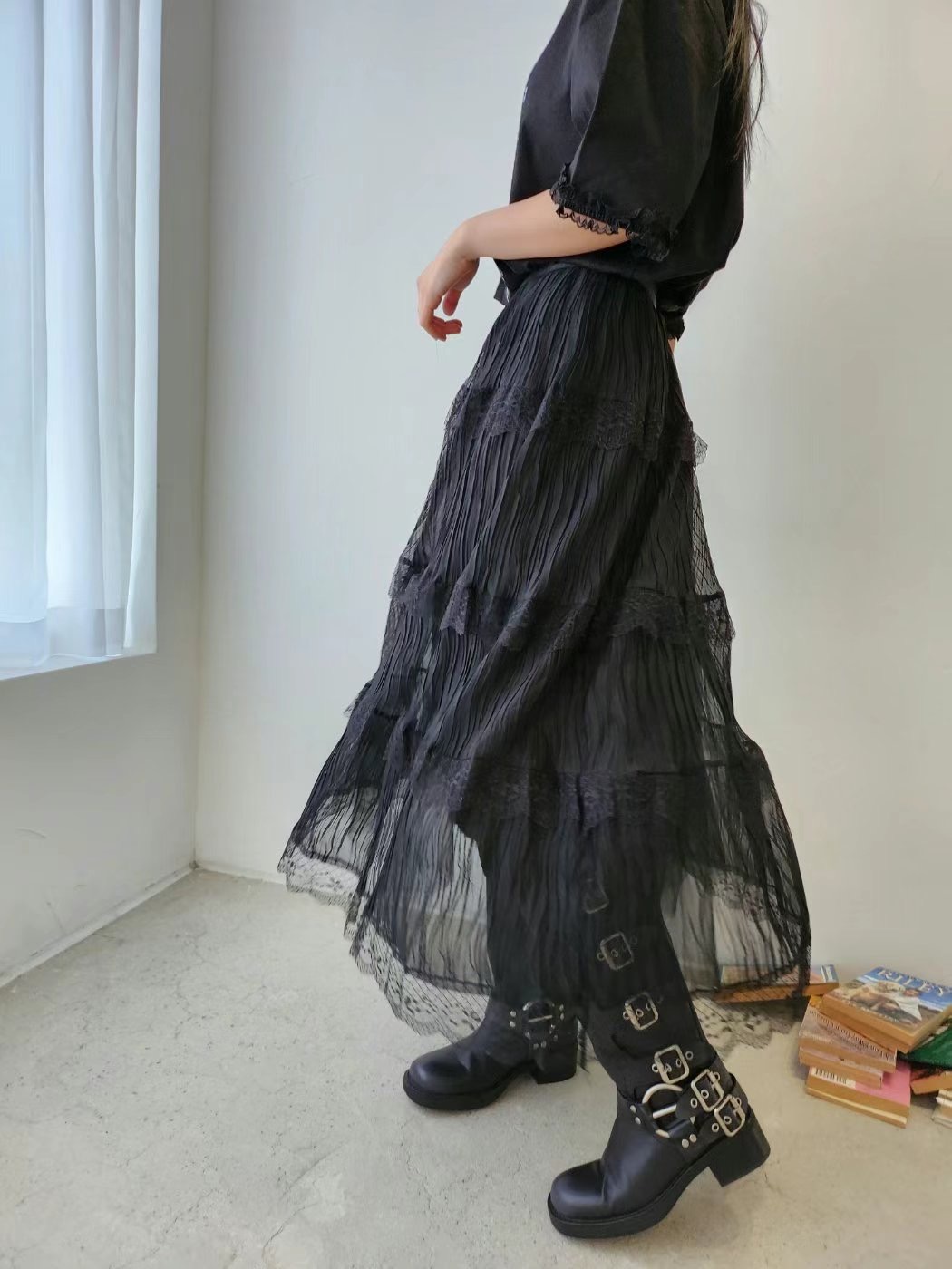 LAYERING韓國㊣直郵東大門代購女裝新品時尚25春夏長裙蕾絲褶皺LAYERING長裙