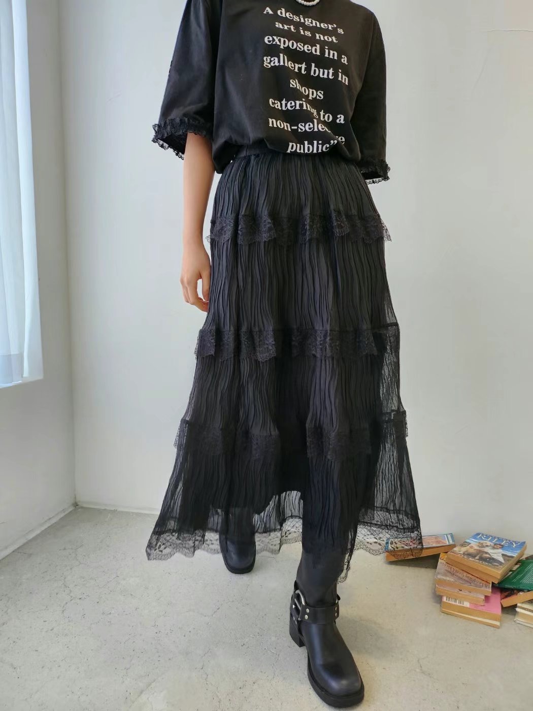 LAYERING韓國㊣直郵東大門代購女裝新品時尚25春夏長裙蕾絲褶皺LAYERING長裙圖色2
