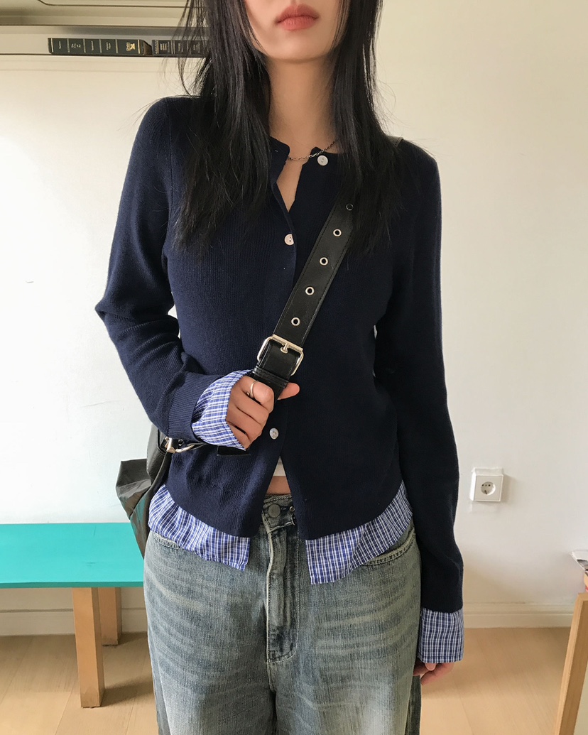 AMU韓國直郵女士新品時尚人氣職業推薦25春夏針織衫格紋開衫CLOSER針織衫