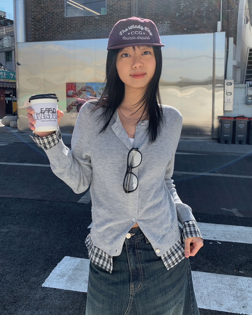 AMU韓國直郵女士新品時尚人氣職業推薦25春夏針織衫格紋開衫CLOSER針織衫