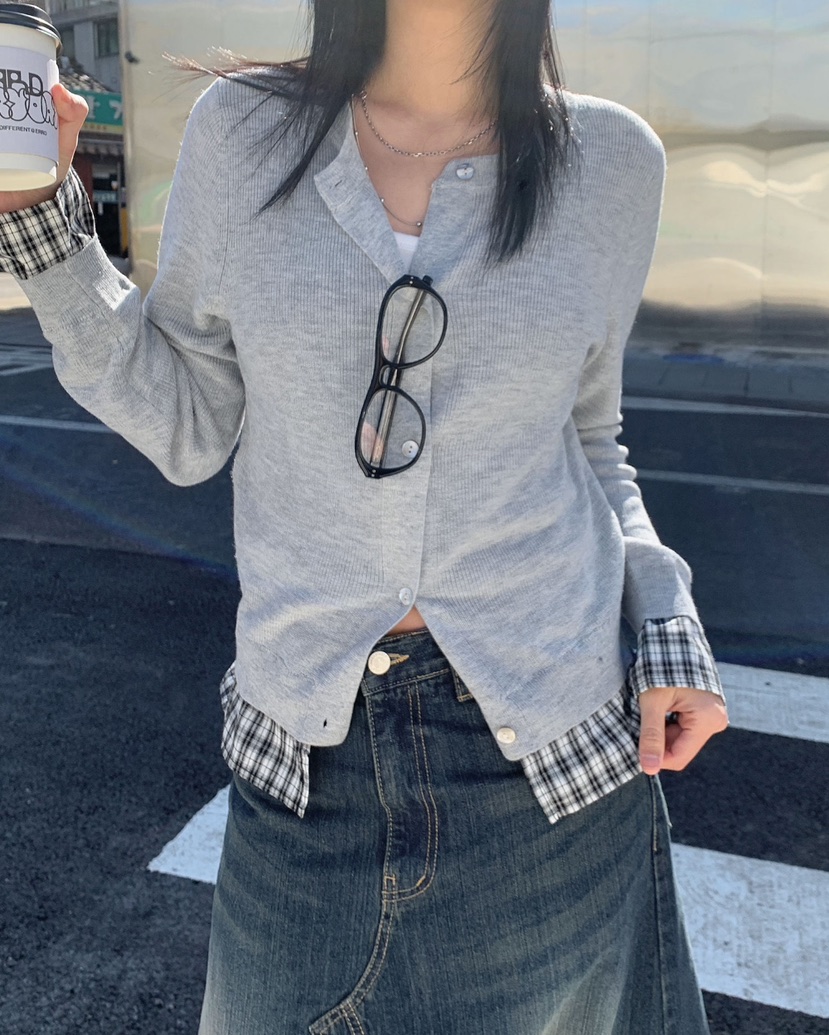 AMU韓國直郵女士新品時尚人氣職業推薦25春夏針織衫格紋開衫CLOSER針織衫