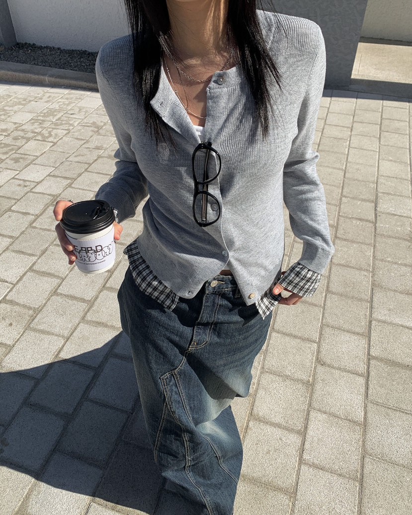 AMU韓國直郵女士新品時尚人氣職業推薦25春夏針織衫格紋開衫CLOSER針織衫