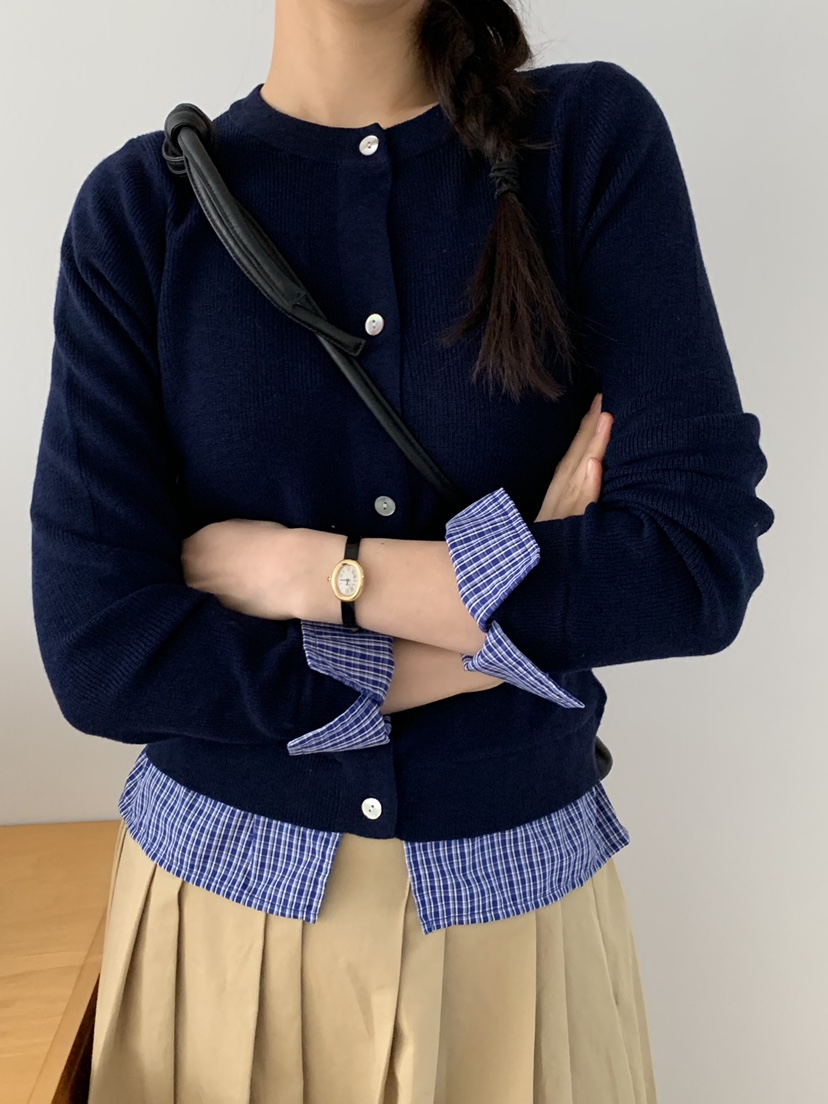 AMU韓國直郵女士新品時尚人氣職業推薦25春夏針織衫格紋開衫CLOSER針織衫圖色2