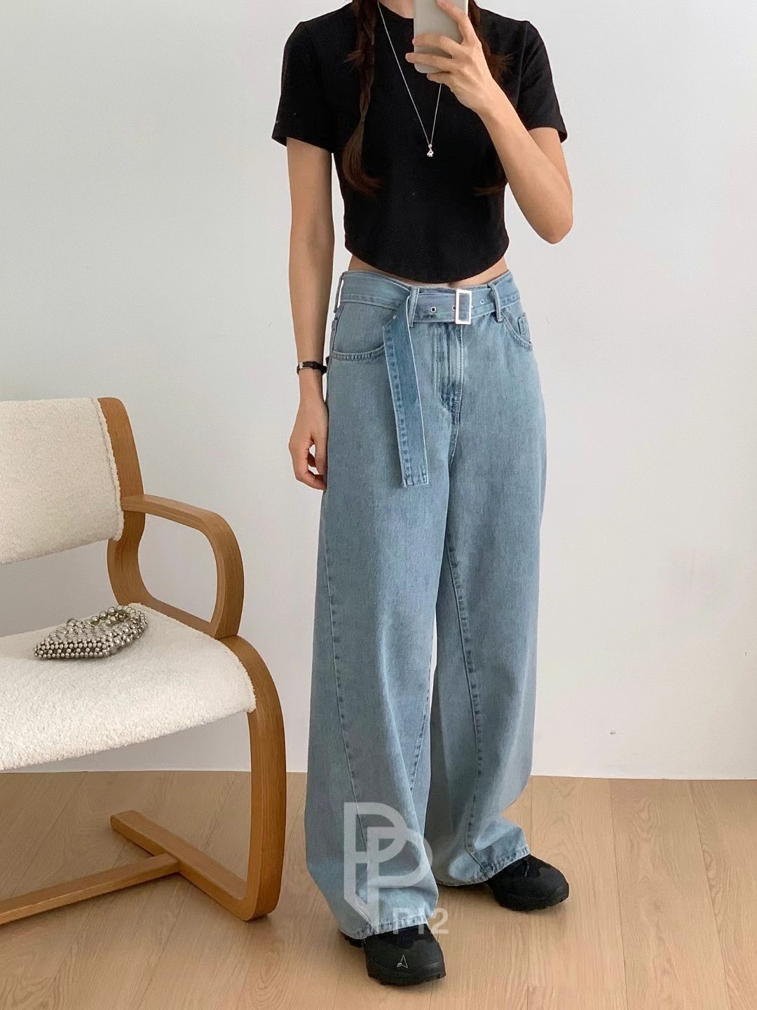 PI2韓國㊣直郵東大門代購女裝新品推薦25春夏時尚牛仔褲含腰帶Pi2牛仔褲