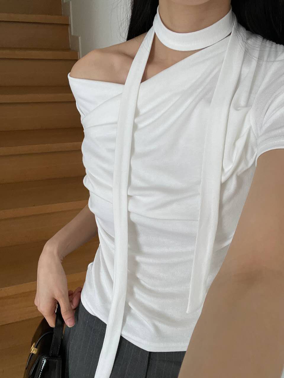 SOMETHINGELSE直郵韓國代購㊣女裝新品推薦熱賣T恤含脖帶褶皺SOMETHINGELSET恤