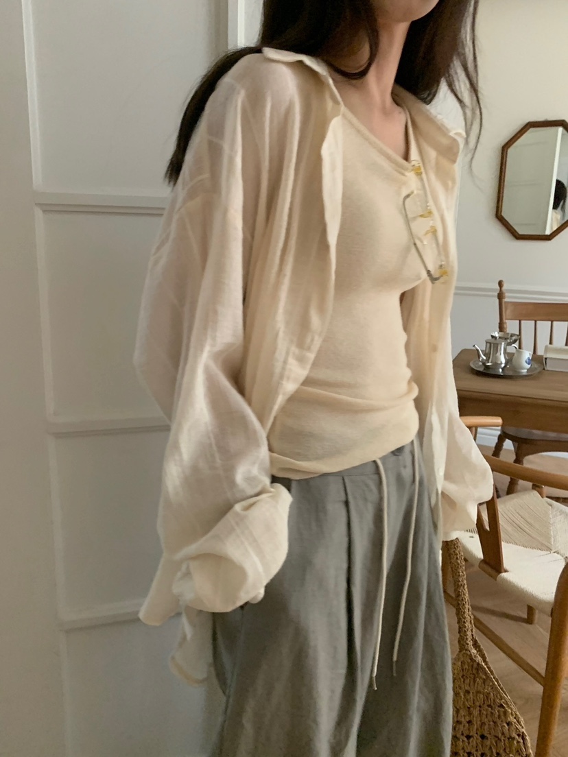 BLEECKER韓國直郵㊣女裝新款人氣熱賣職業25春夏襯衫蕾絲衫條紋BLEECKER襯衫/蕾絲衫