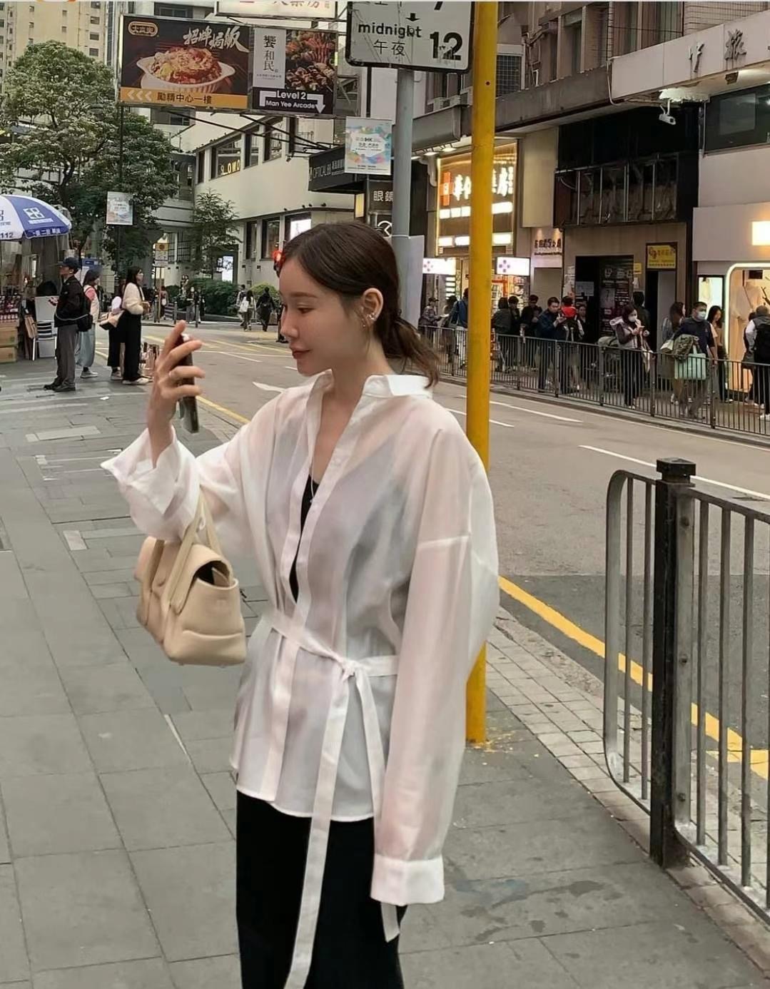 WEARRAW韓國㊣直郵東大門代購女裝新款休閑襯衫蕾絲衫不含腰帶寬松WEARRAW襯衫/蕾絲衫