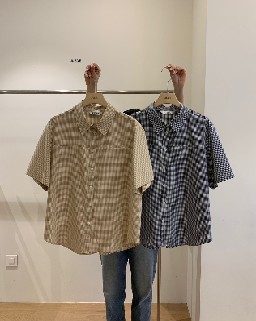 JUEDE(此品牌容易投訴)東大門實拍女士新品25春夏襯衫蕾絲衫格紋JUEDE襯衫/蕾絲衫