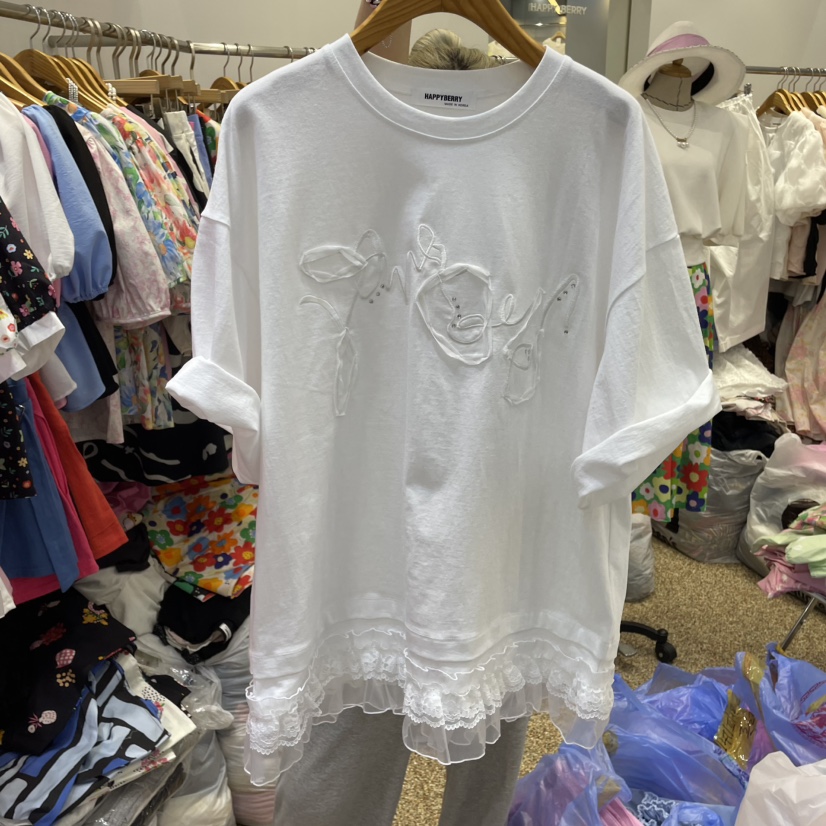 HAPPYBERRY韓國直郵㊣東大門實拍女裝新品25春夏T恤蕾絲長款HAPPYBERRYT恤圖色2