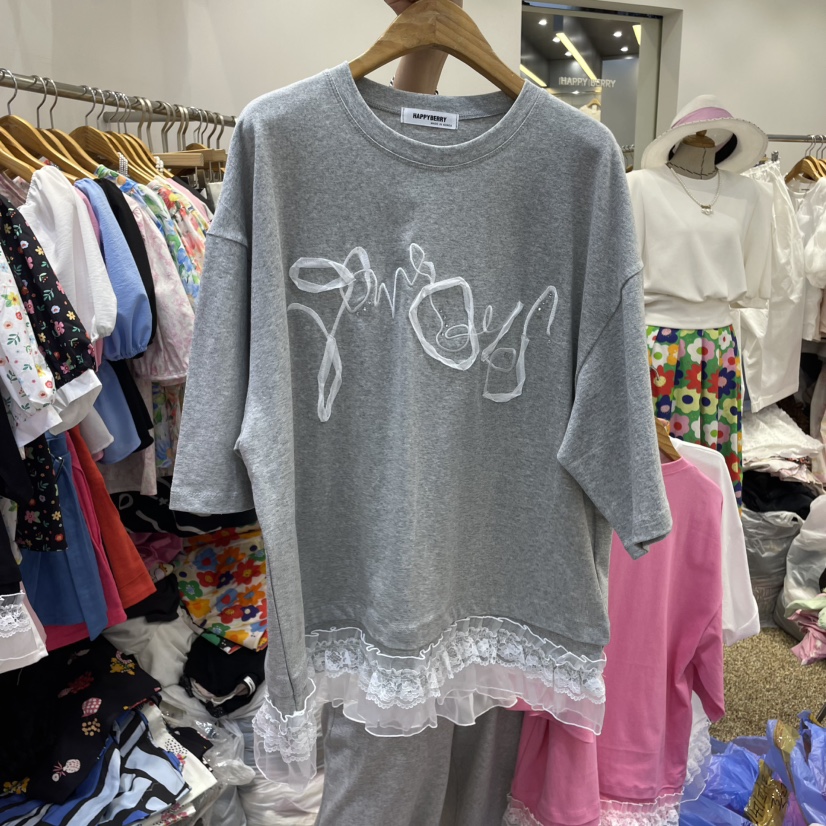 HAPPYBERRY韓國直郵㊣東大門實拍女裝新品25春夏T恤蕾絲長款HAPPYBERRYT恤圖色3