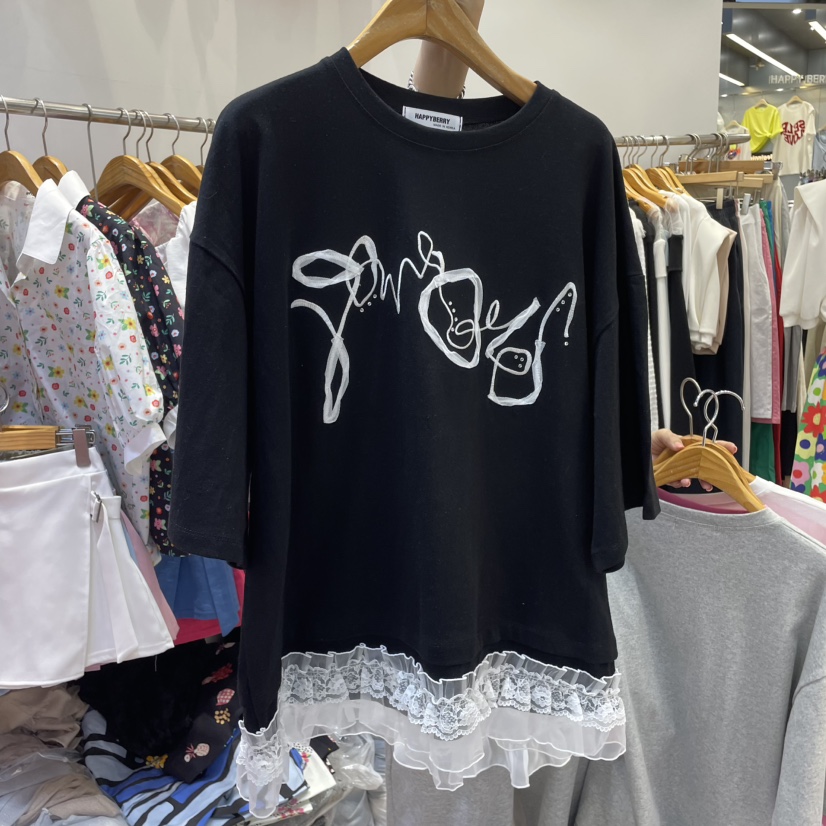 HAPPYBERRY韓國直郵㊣東大門實拍女裝新品25春夏T恤蕾絲長款HAPPYBERRYT恤圖色4