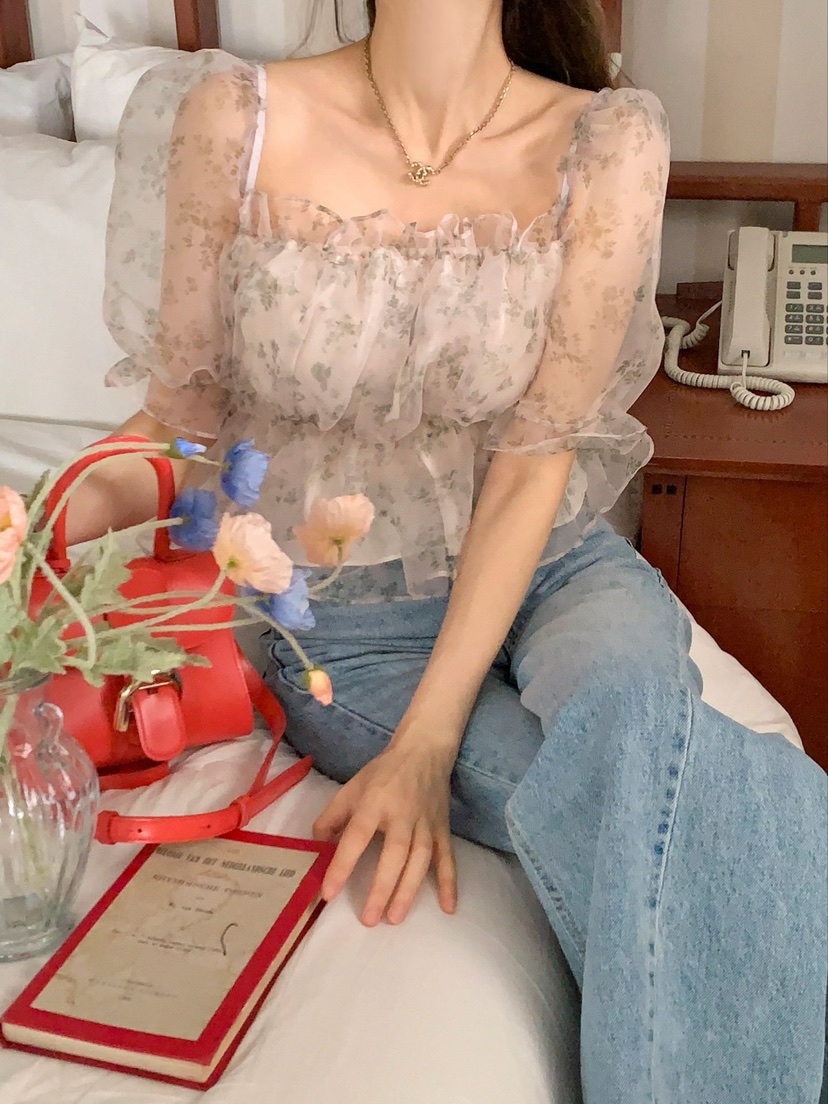 CRONG東大門代購女士新款推薦人氣25春夏真品襯衫蕾絲衫褶皺CRONG襯衫/蕾絲衫