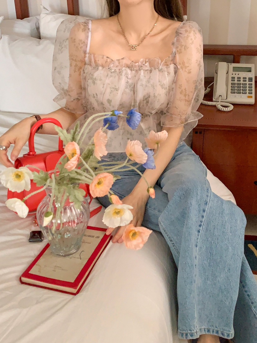 CRONG東大門代購女士新款推薦人氣25春夏真品襯衫蕾絲衫褶皺CRONG襯衫/蕾絲衫