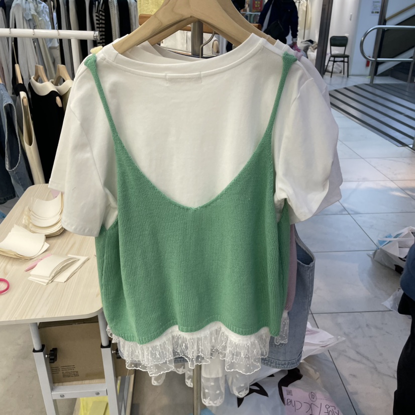 LULULALLA韓國直郵女裝新品人氣時尚職業休閑T恤紐扣背心蕾絲LULULALLAT恤