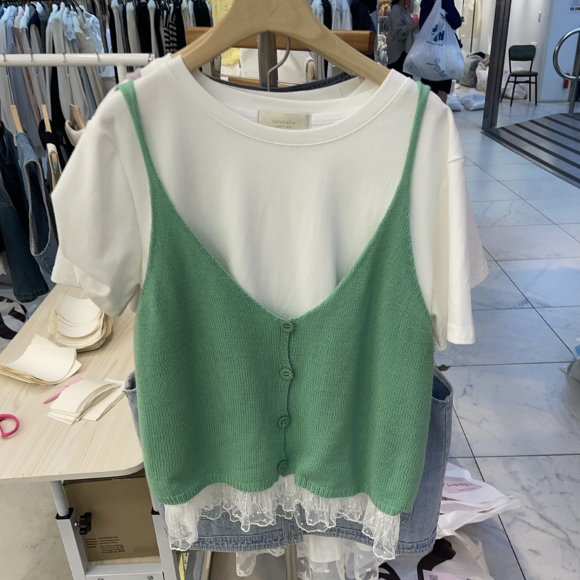 LULULALLA韓國直郵女裝新品人氣時尚職業休閑T恤紐扣背心蕾絲LULULALLAT恤圖色2