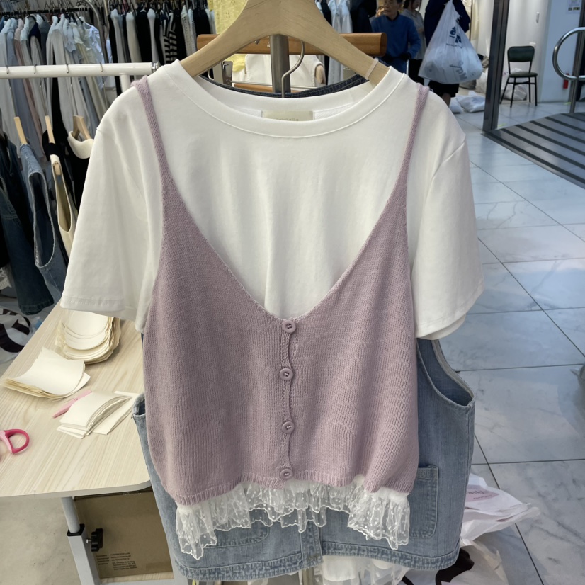 LULULALLA韓國直郵女裝新品人氣時尚職業休閑T恤紐扣背心蕾絲LULULALLAT恤圖色3