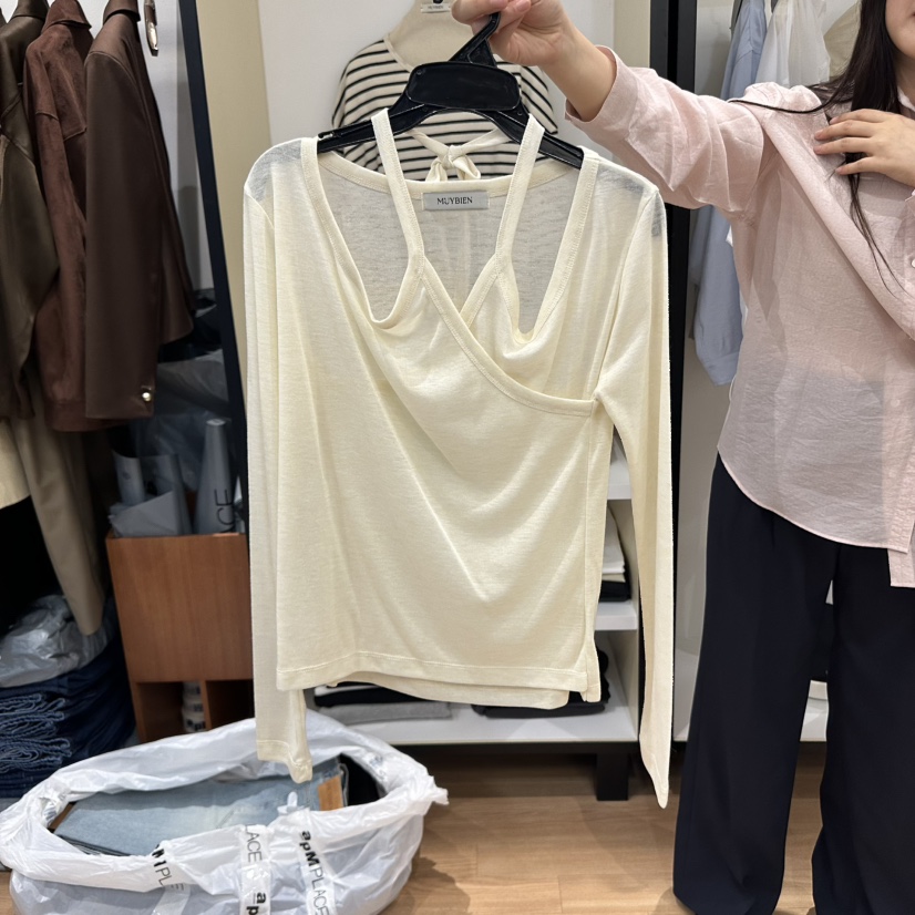 MUYBIEN韓國直郵㊣東大門實拍女裝新品人氣休閑長袖T恤綁帶MUYBIEN長袖T恤圖色3
