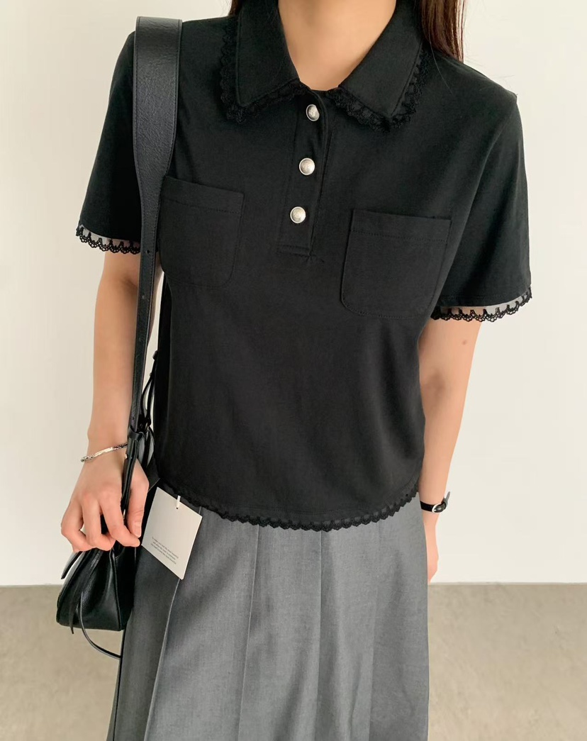 J CRANE-A韓國㊣直郵東大門代購女裝新品人氣T恤口袋蕾絲J CRANET恤