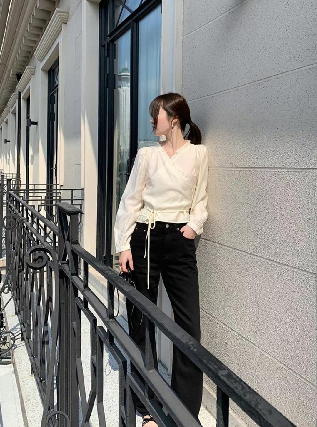 GLOWY韓國㊣直郵東大門代購女裝新品人氣休閑襯衫蕾絲衫含腰繩GLOWY襯衫/蕾絲衫