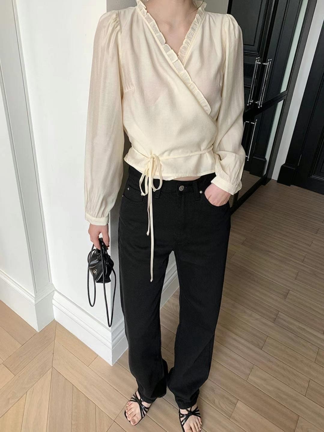 GLOWY韓國㊣直郵東大門代購女裝新品人氣休閑襯衫蕾絲衫含腰繩GLOWY襯衫/蕾絲衫