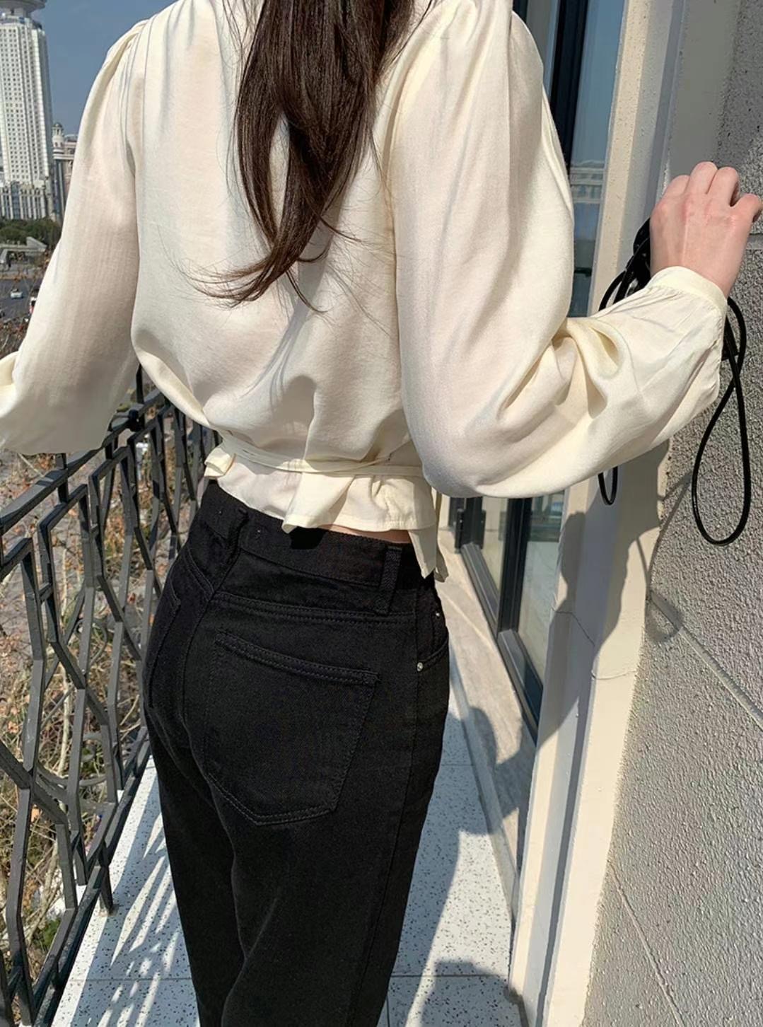 GLOWY韓國㊣直郵東大門代購女裝新品人氣休閑襯衫蕾絲衫含腰繩GLOWY襯衫/蕾絲衫