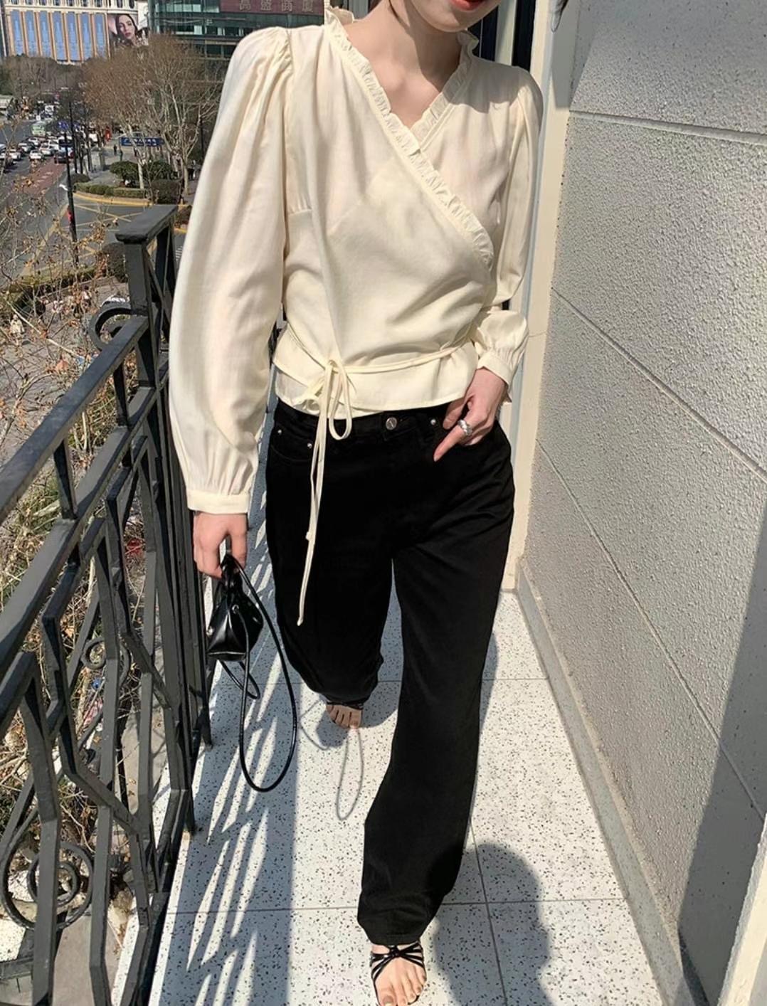 GLOWY韓國㊣直郵東大門代購女裝新品人氣休閑襯衫蕾絲衫含腰繩GLOWY襯衫/蕾絲衫