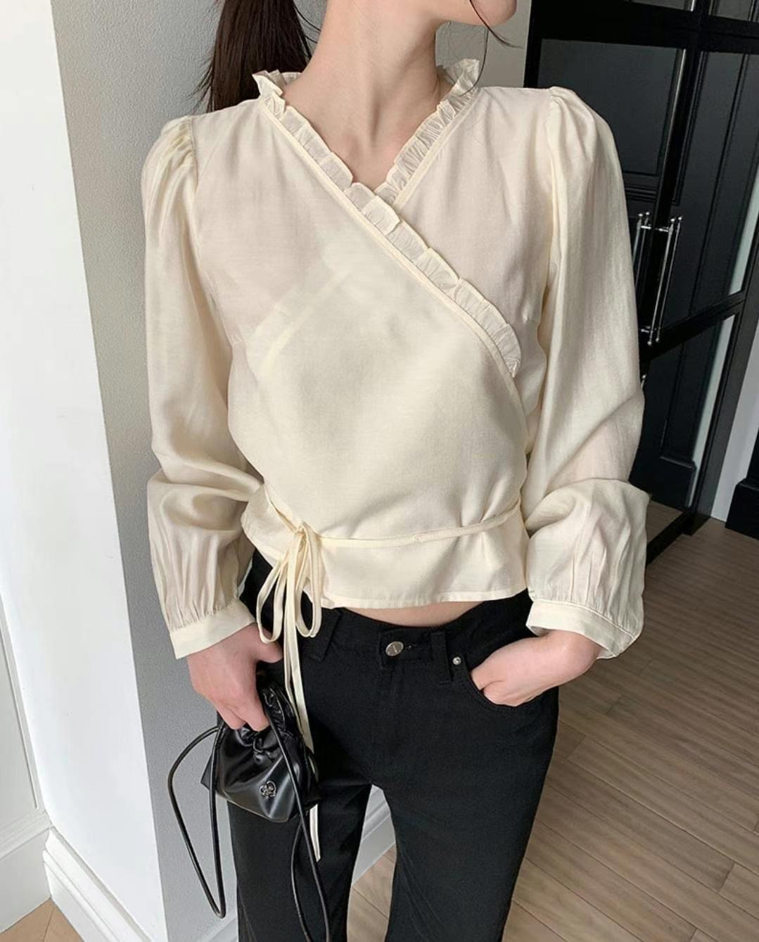GLOWY韓國㊣直郵東大門代購女裝新品人氣休閑襯衫蕾絲衫含腰繩GLOWY襯衫/蕾絲衫