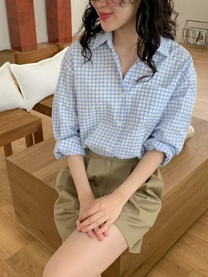 WEATHER韓國直郵㊣東大門實拍女裝新款熱賣25春夏襯衫蕾絲衫格紋GOBSLMURI-ot襯衫/蕾絲衫