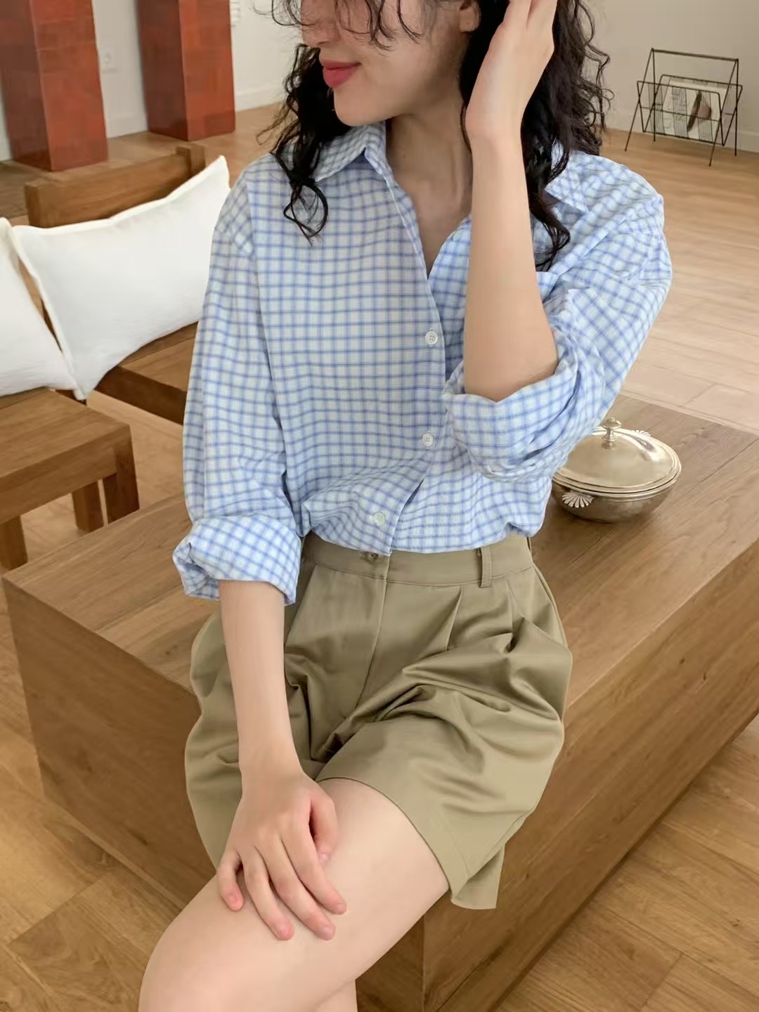 WEATHER韓國直郵㊣東大門實拍女裝新款熱賣25春夏襯衫蕾絲衫格紋GOBSLMURI-ot襯衫/蕾絲衫