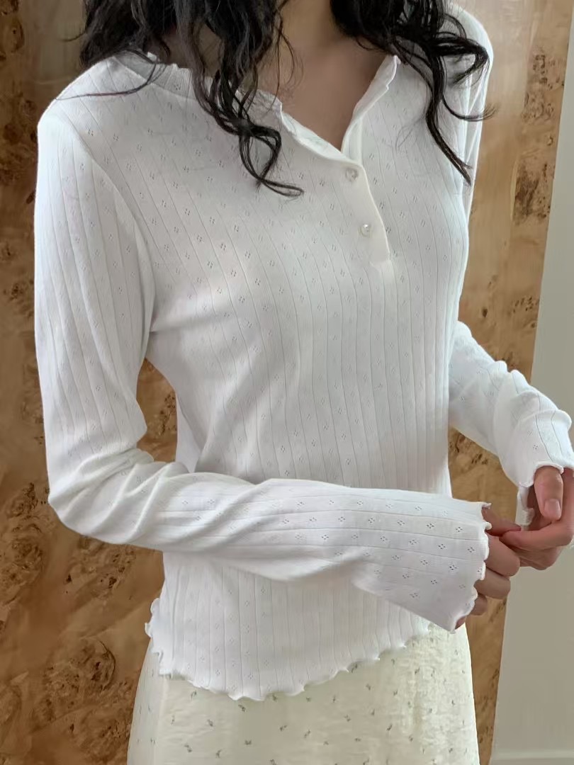WEATHER韓國直郵㊣女裝新品休閑人氣熱賣長袖T恤荷葉邊紐扣GOBSLMURI-ot長袖T恤
