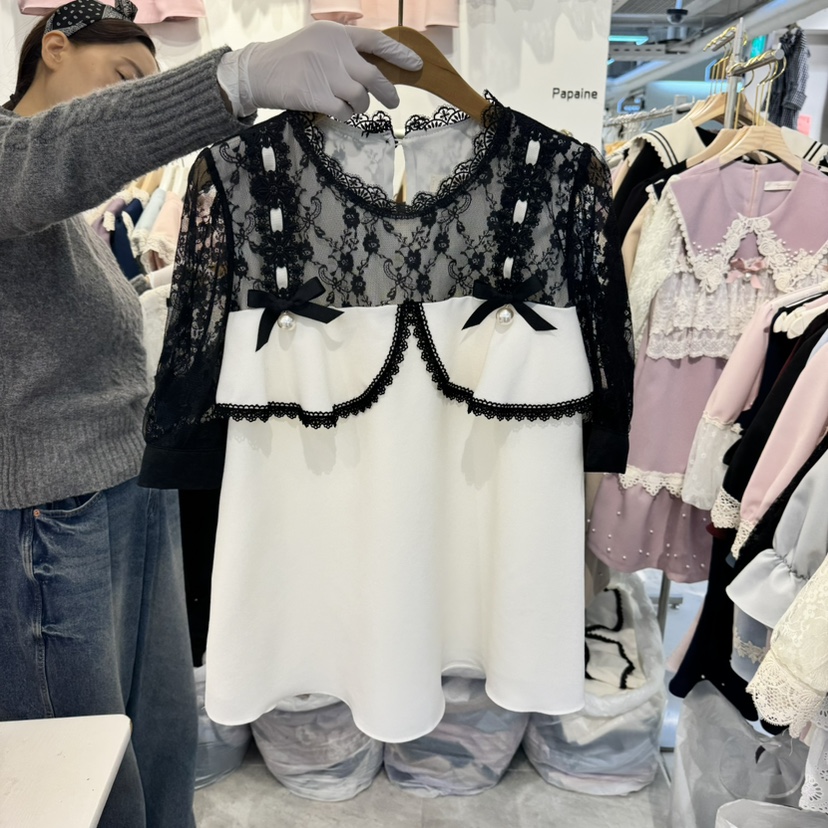 PAPA韓國㊣直郵東大門代購女裝新款人氣休閑25春夏襯衫蕾絲衫PAPA襯衫/蕾絲衫