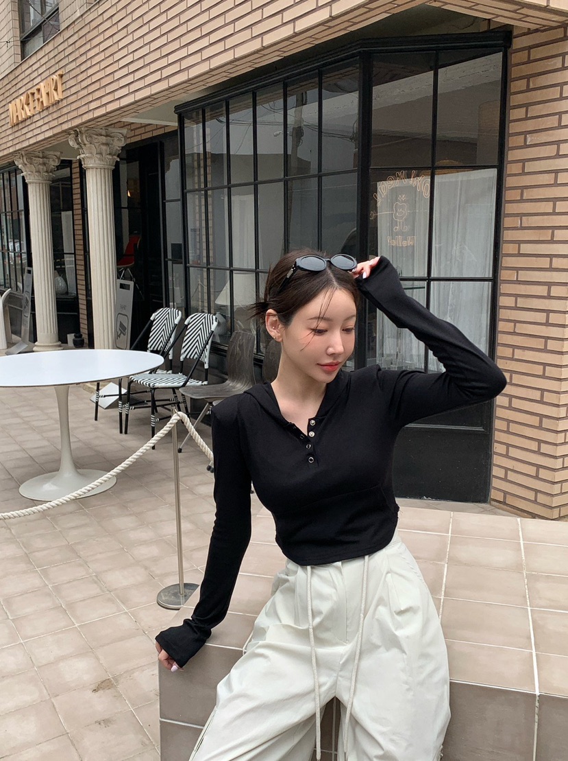 REVE CITE-L直郵韓國代購㊣女裝新品25春夏長袖T恤連帽衫修身REVE CITE長袖T恤
